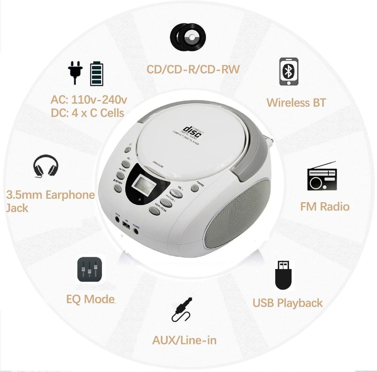 White Pack of 2 Portable CD Player Boombox with FM Radio, Bluetooth, Stereo Speaker D123