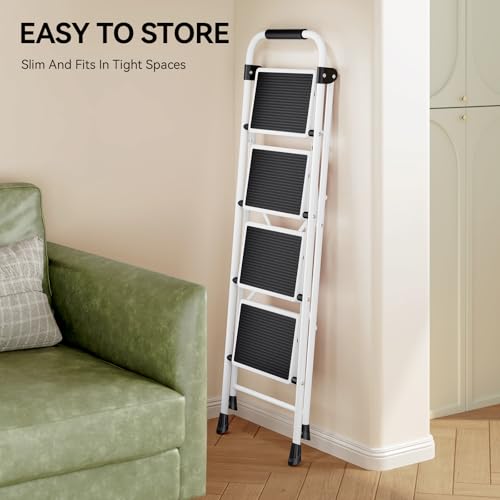 4 Step Folding Steel Step Ladder with Handrails White W653910