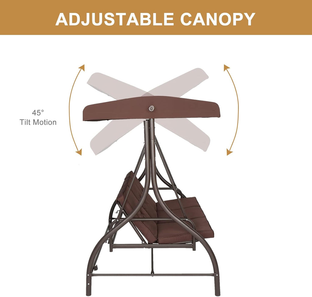 Steel Swing with Cushion and Canopy, 3-Seater Brown, 74.8''*47.24''*68.9'' O9383