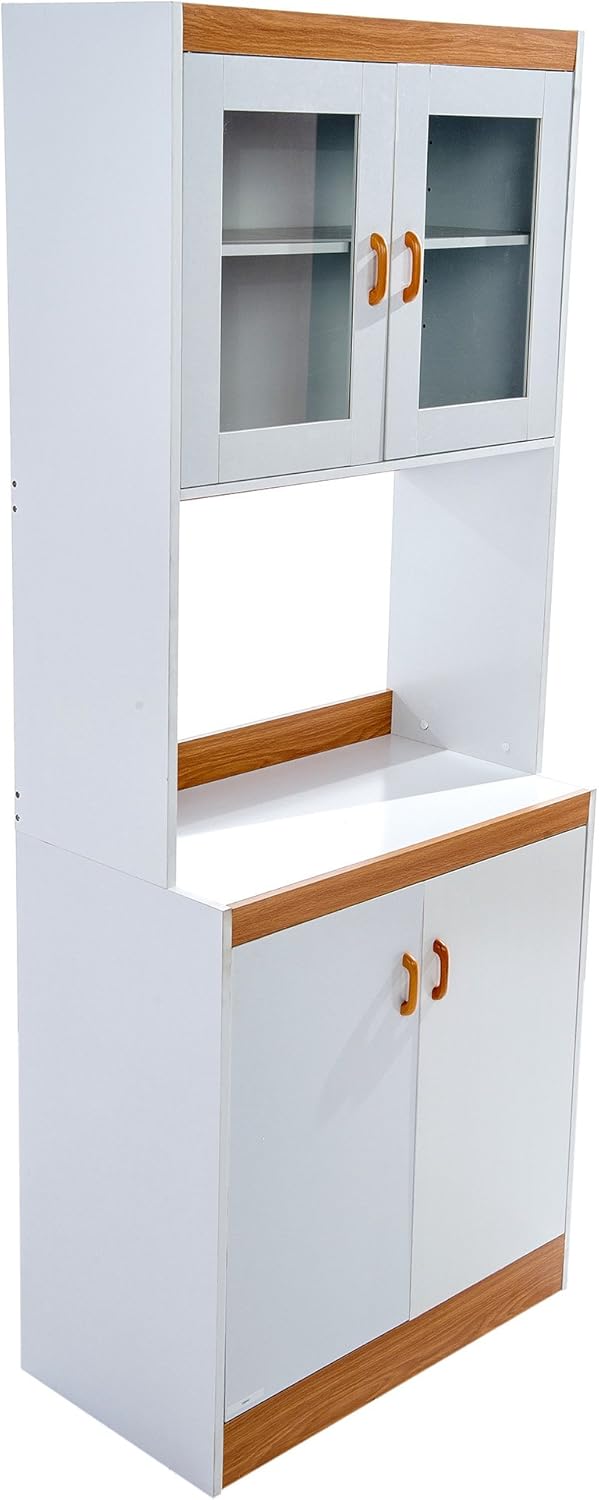 White Tall Kitchen Microwave Cart with Cabinets and Glass Doors F31809