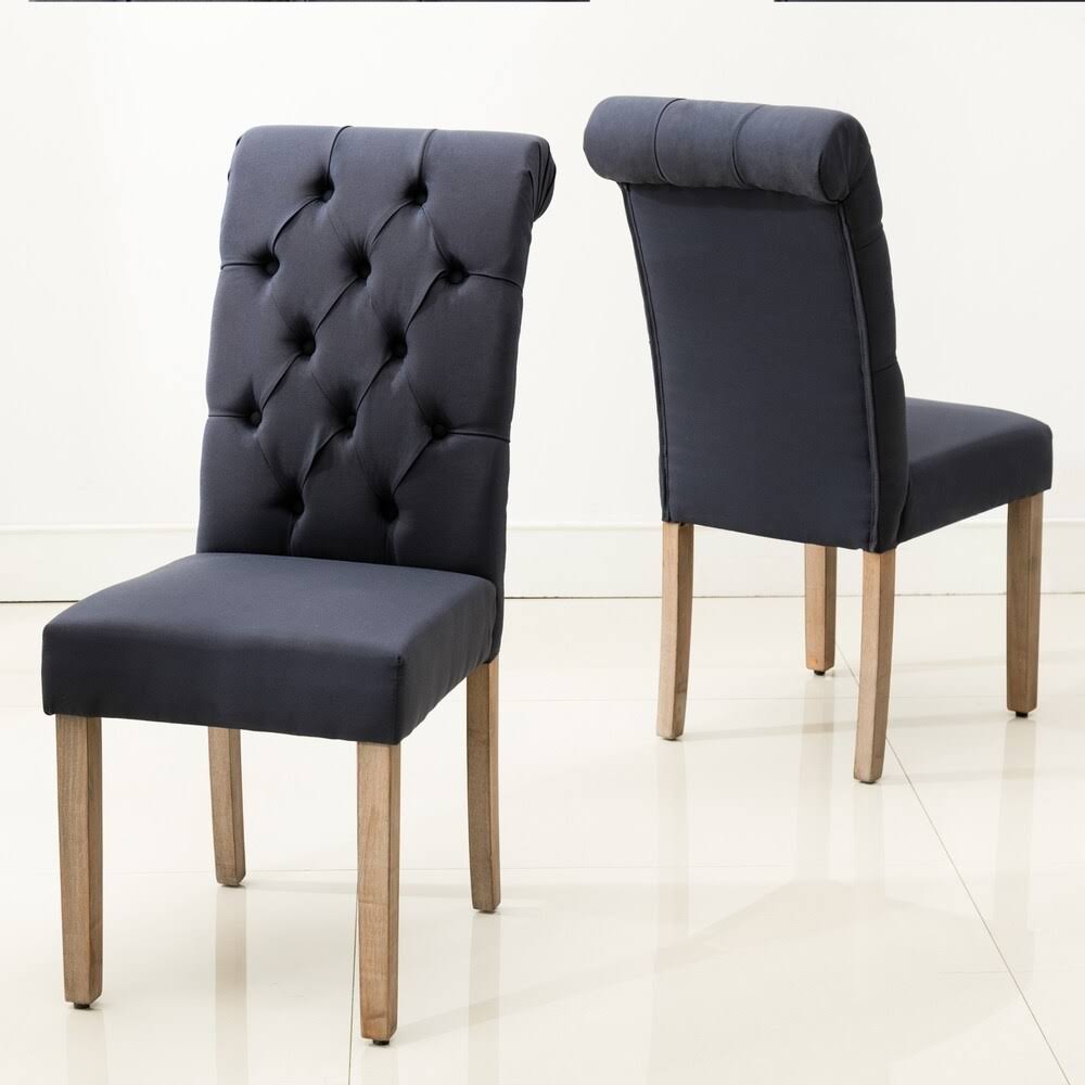 Brown Linen/Wooden Roll-Top Tufted Dining Chair (Set of 2) Z864949
