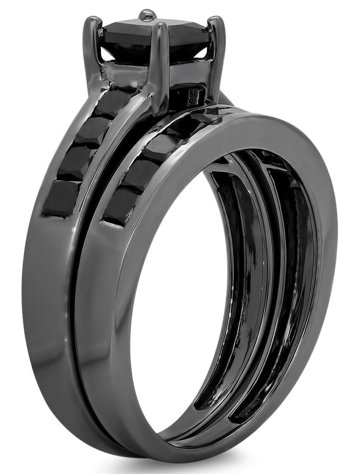 2.35 Carat Black Rhodium Plated Sterling Silver Black Diamond Engagement Ring Set S638344