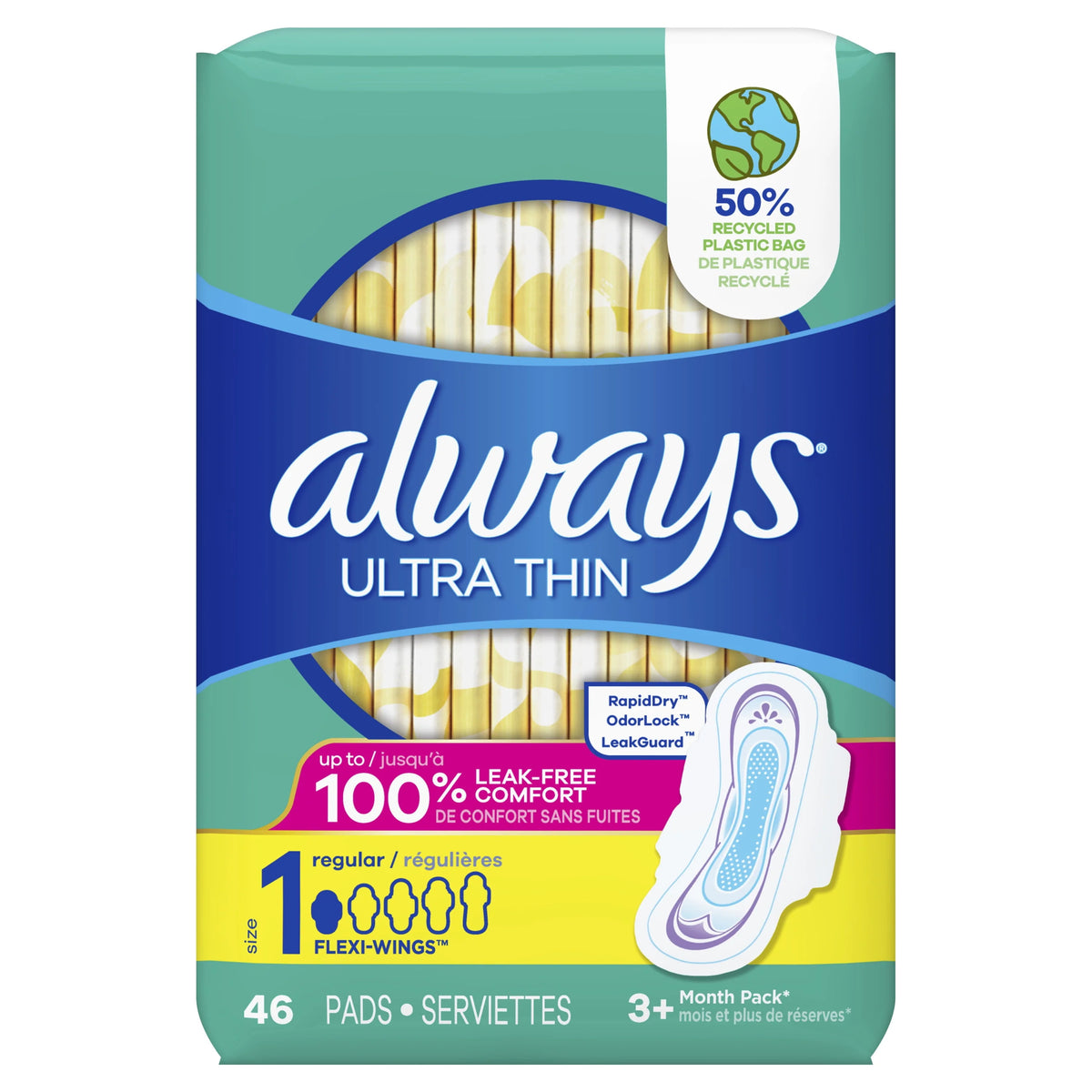 Ultra Thin Daytime Pads with Wings, Size 1, Regular, Unscented, 46 Ct R3518