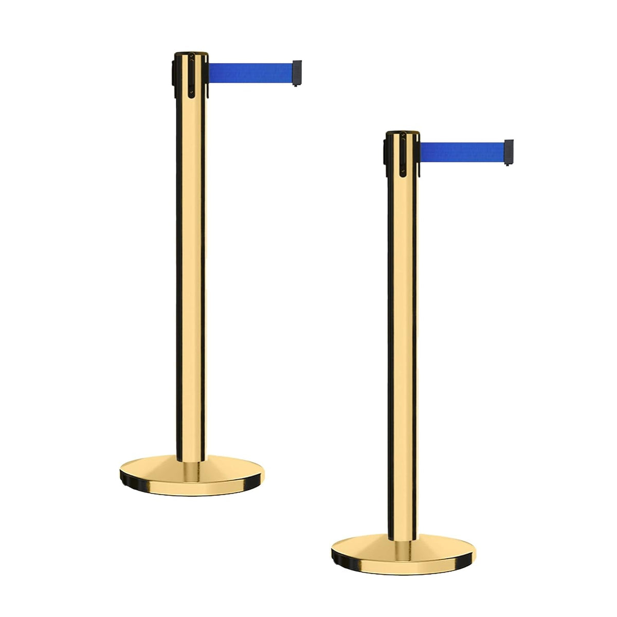 Set of 2 Retractable Belt Barrier Stanchion, Cast Iron Base Yellow Post M394
