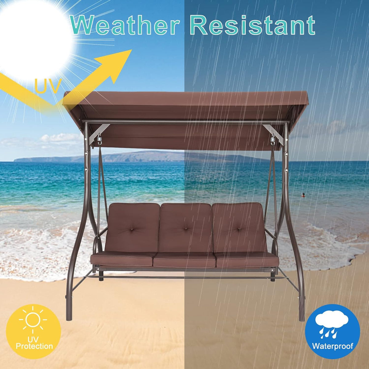 Steel Swing with Cushion and Canopy, 3-Seater Brown, 74.8''*47.24''*68.9'' O9383