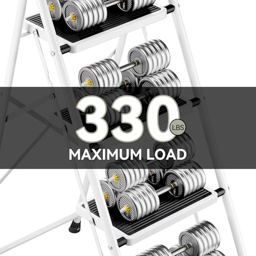 4 Step Folding Steel Step Ladder with Handrails White W653910