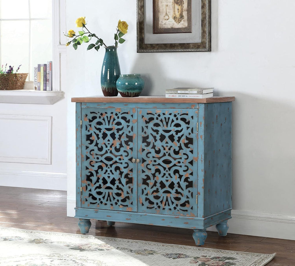 White Buffet & Sideboard Storage Cabinet with 2 Doors, Hollow Carved White B88000