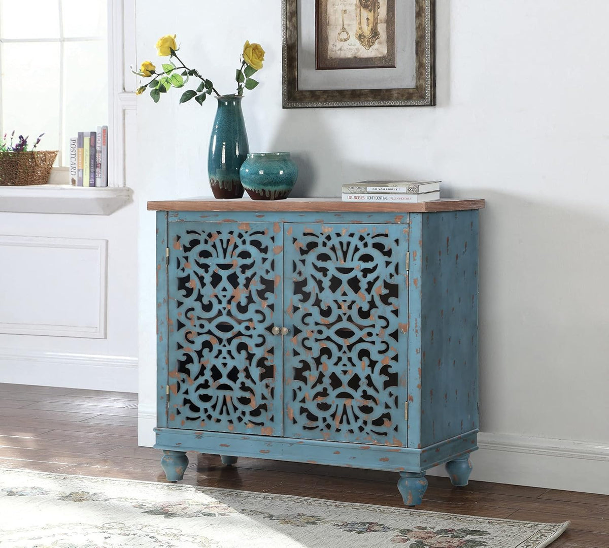 White Buffet & Sideboard Storage Cabinet with 2 Doors, Hollow Carved White B88000