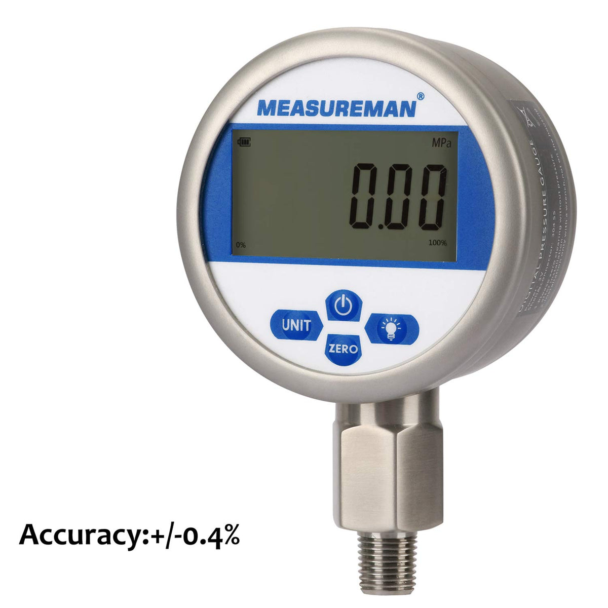 3-1/8 dial Digital Hydraulic Industrial Precision Pressure Gauge with 1/4NPT Lower Mount, Stainless Steel Case, 0-10000psi/bar, 0.4%, Battery Powered, with LED Light J57740