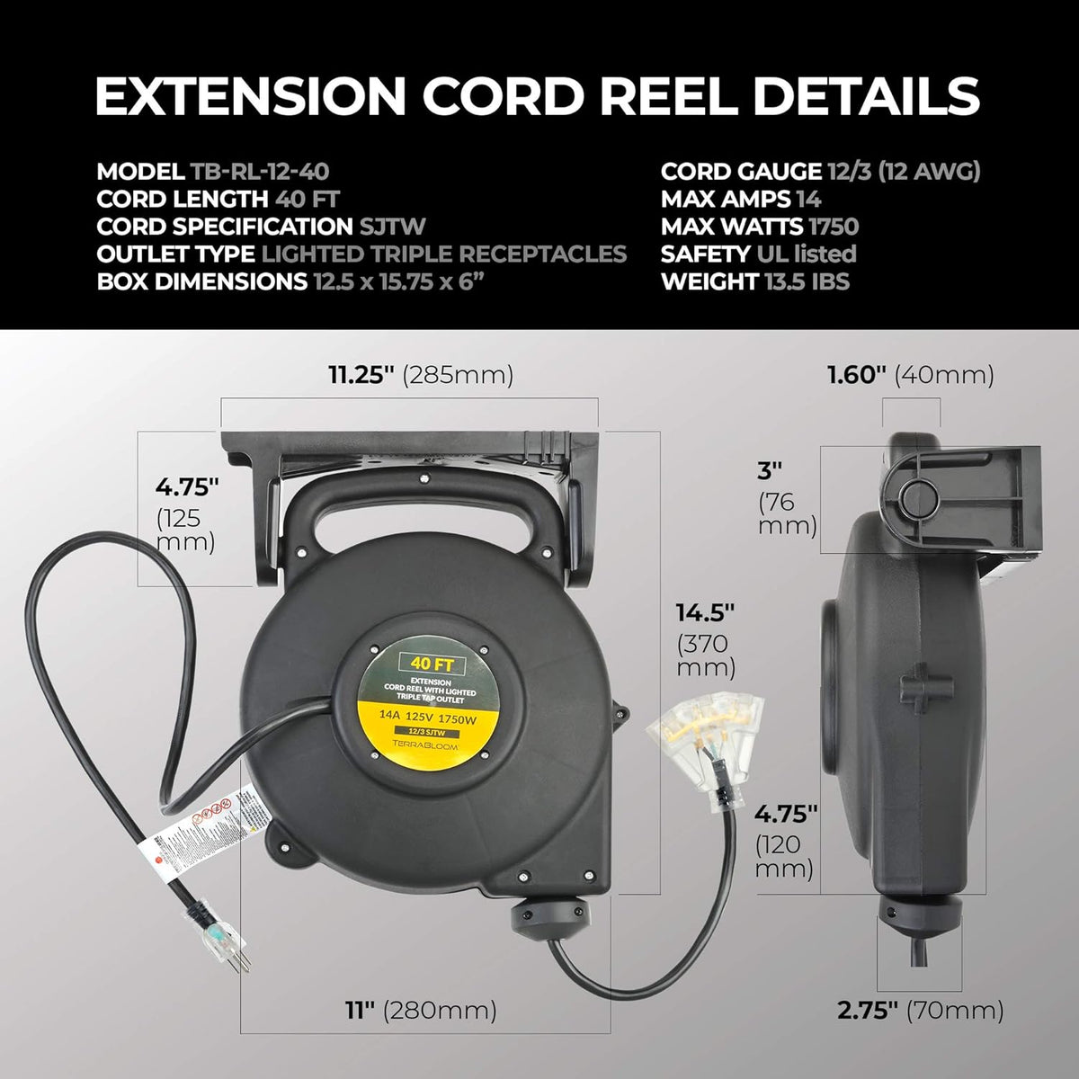 40 Ft 12/3 Retractable Extension Cord Reel with 3 Electrical Outlets Z178373