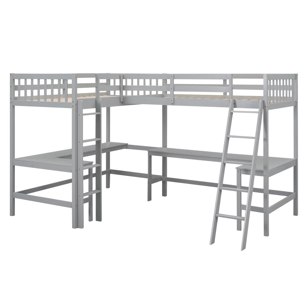 Twin Size L-Shaped Loft Bed with Desk, Ladder and Guardrails L68487