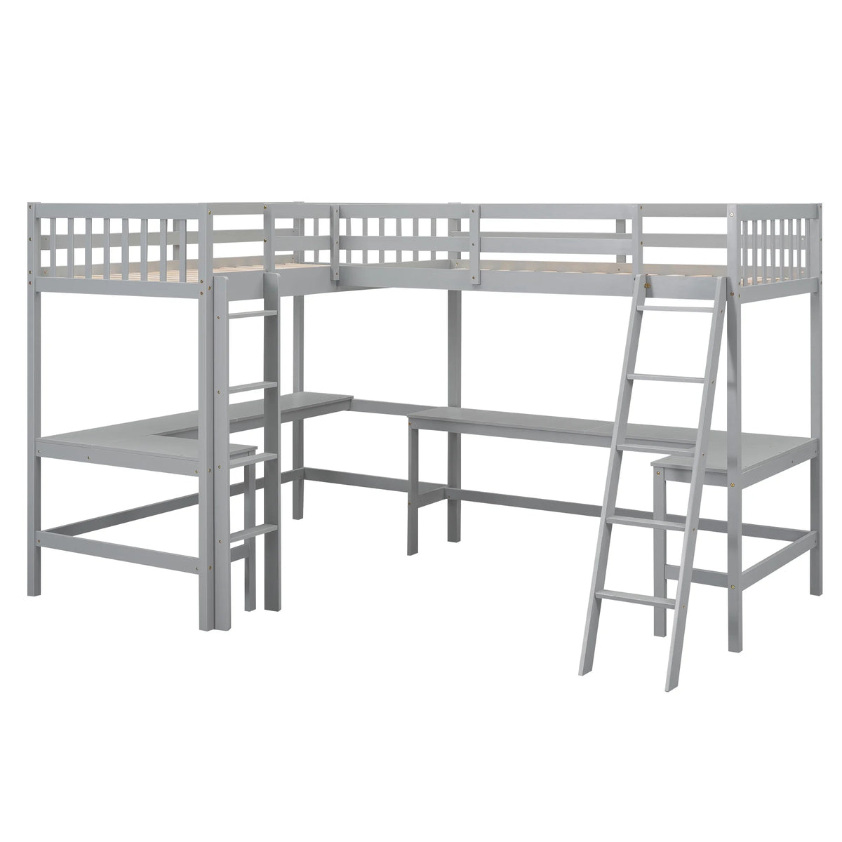 Twin Size L-Shaped Loft Bed with Desk, Ladder and Guardrails L68487