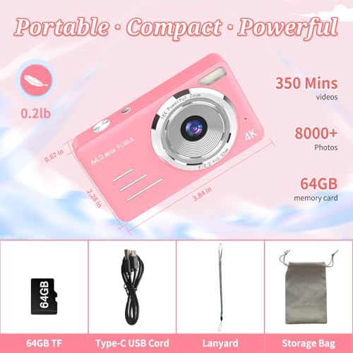 4K 64MP Compact Point and Shoot Digital Camera with 64GB Card F6912
