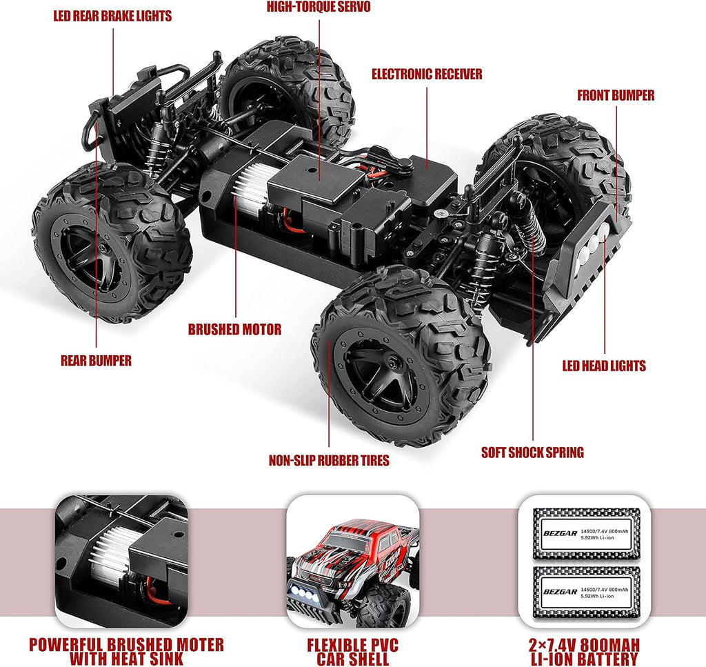 1:14 Scale Remote Control Car, 4WD Electric Toy Off Road RC Monster Truck with Two Rechargeable Batteries J179