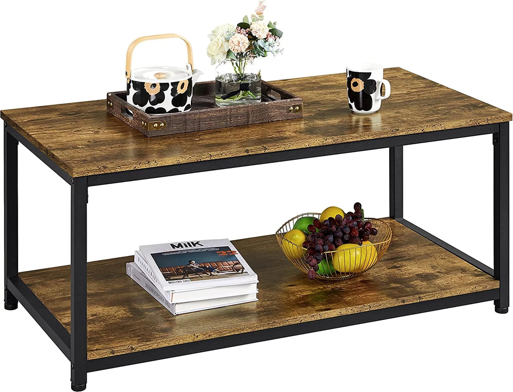 2-Tier Wood Coffee Table with Storage Shelf Metal Frame G997