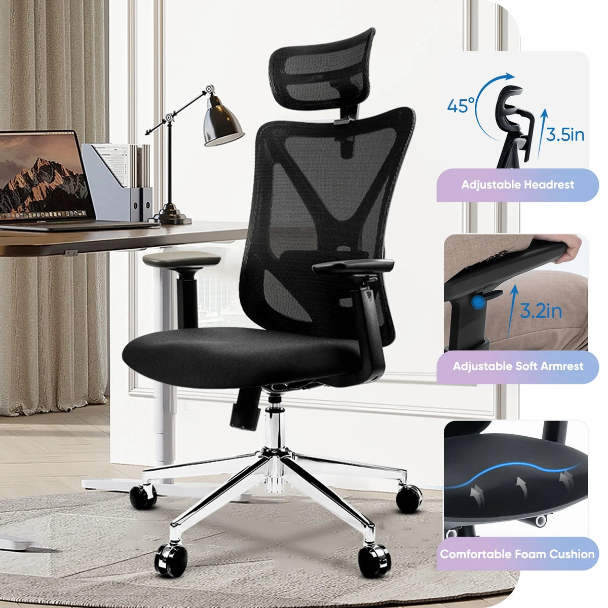 Black Ergonomic High Back Office Chair with Lumbar Support U177965