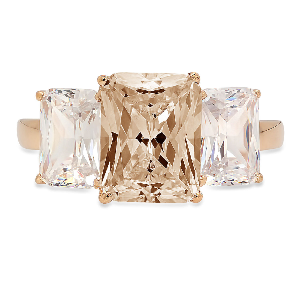 Emerald Cut Brown Champagne Simulated Diamond 18k Yellow Gold 3 Stone Ring Size 3.5 I903