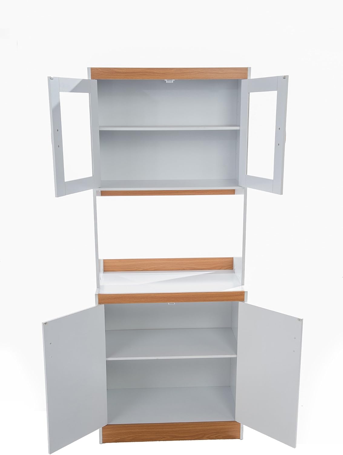 White Tall Kitchen Microwave Cart with Cabinets and Glass Doors F31809
