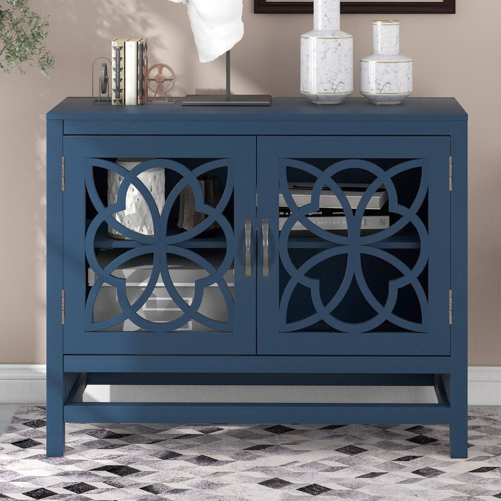 Brown Navy Blue Wood Accent Sideboard Storage Cabinet with Doors J428