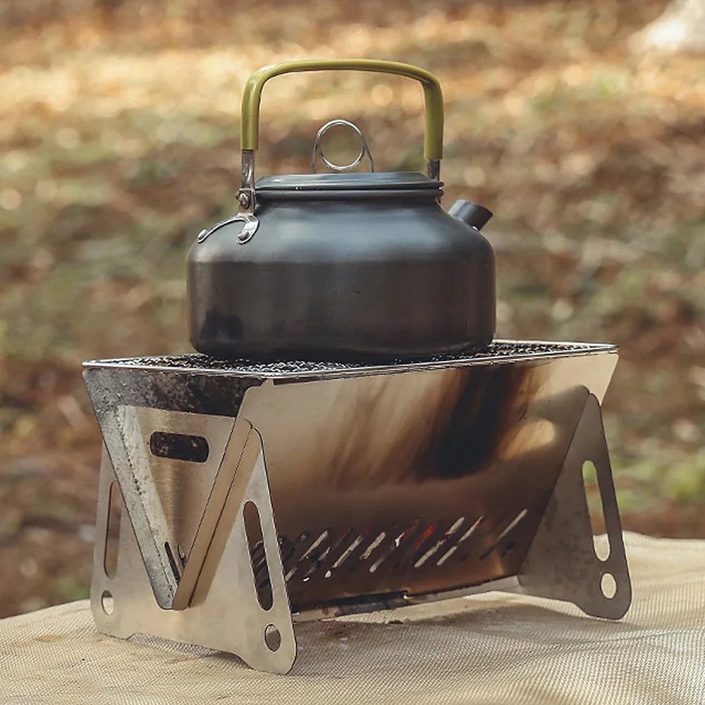 Wood Burning Stove with Grill Plate, Portable Folding Stainless Steel Backpacking Cooking Stove D927293