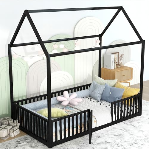 Full Floor Bed with Door and Fence, Metal Montessori Bed Full Size, White F9926