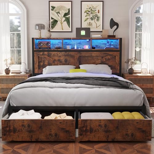 Rustic Brown Full Bed Frame with Bookcase Headboard and Storage Drawers Y2739