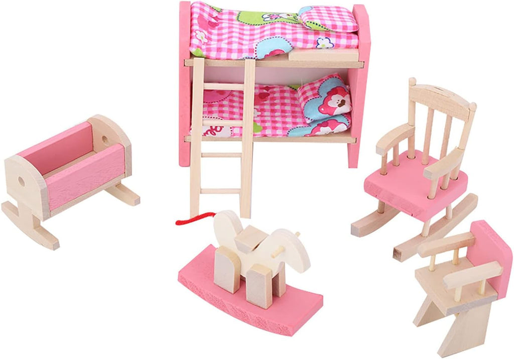 6 Different Rooms Wooden Dollhouse Furniture with Cushion and Towel J9705