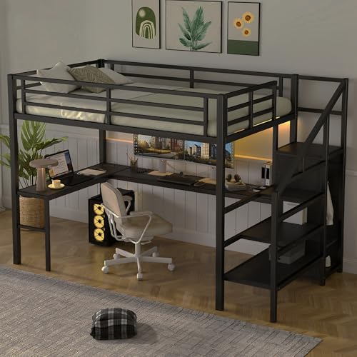 Full Size Black Metal Loft Bed with Desk and Wardrobe D76634