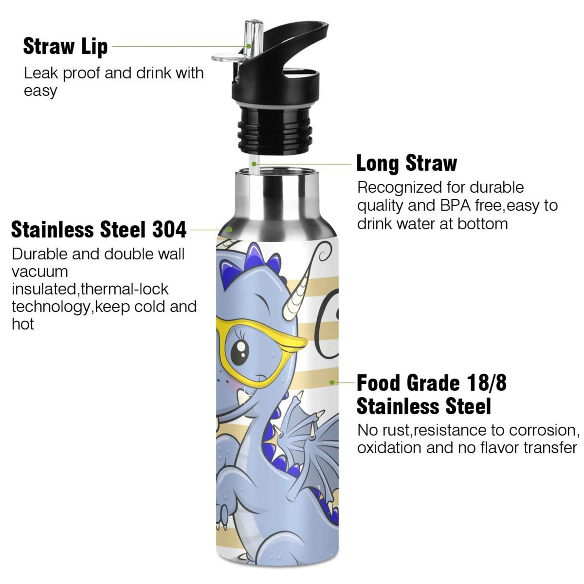 Blue Dragon Stainless Steel Insulated Water Bottle with Straw Lid G52634