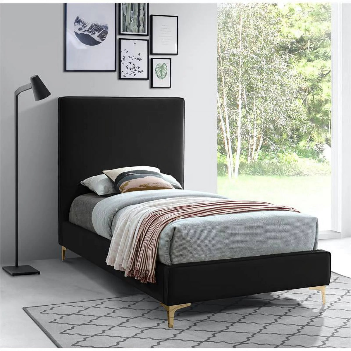 Black Velvet Twin Bed with Gold and Chrome Legs E70931
