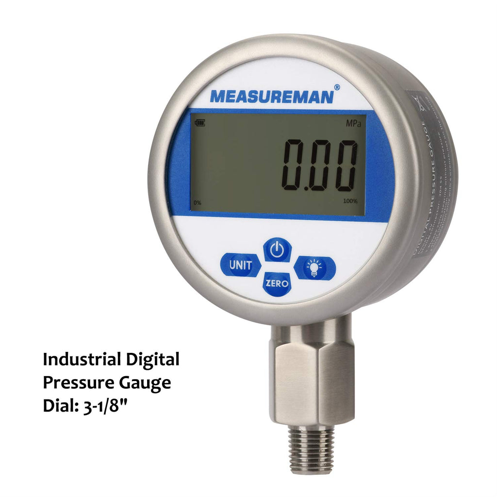 3-1/8 dial Digital Hydraulic Industrial Precision Pressure Gauge with 1/4NPT Lower Mount, Stainless Steel Case, 0-10000psi/bar, 0.4%, Battery Powered, with LED Light J57740