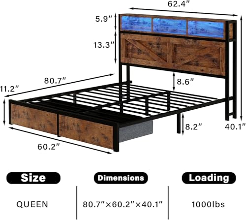 Rustic Brown Full Bed Frame with Bookcase Headboard and Storage Drawers Y2739