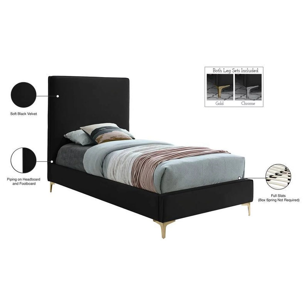 Black Velvet Twin Bed with Gold and Chrome Legs E70931