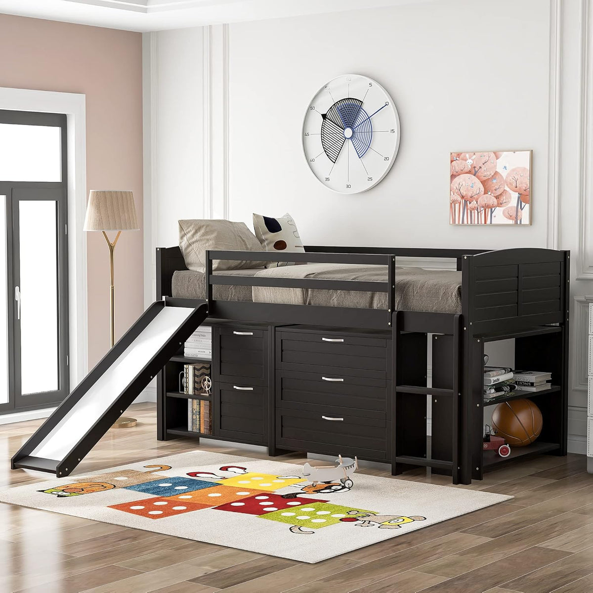 Twin Loft Bed with Slide, Ladder and Guardrail J7512