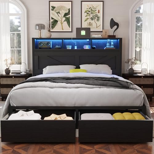 Rustic Brown Full Bed Frame with Bookcase Headboard and Storage Drawers Y2739