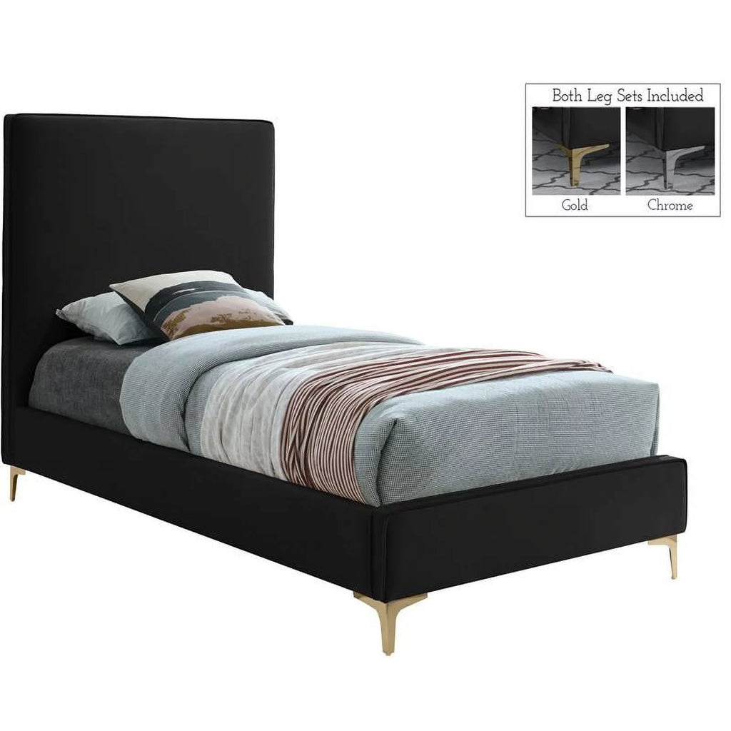 Black Velvet Twin Bed with Gold and Chrome Legs E70931