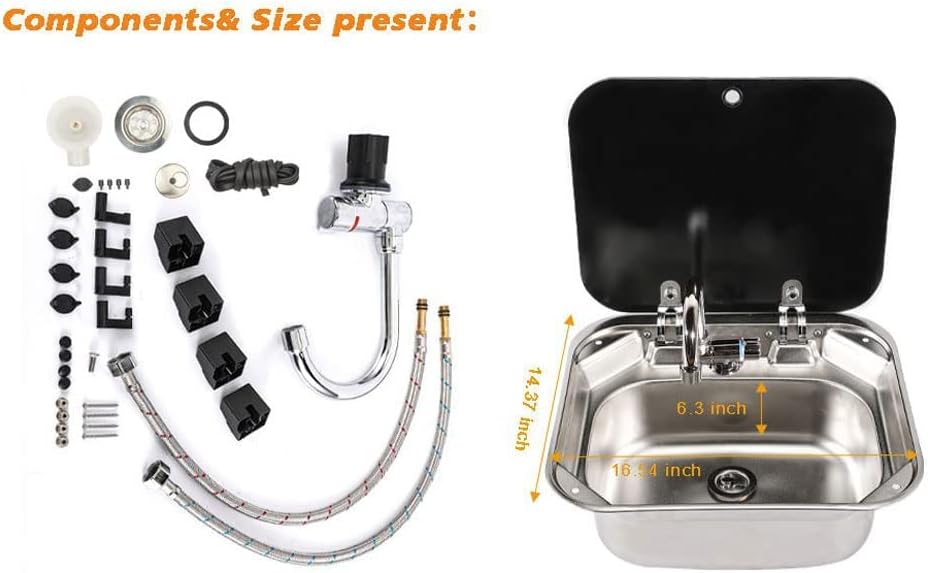 Stainless Steel RV Sink with Folded Faucet Tempered Glass Lid H6444