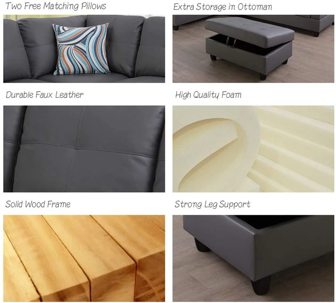 Dark Grey Faux Leather Sofa & Chaise with Ottoman O237