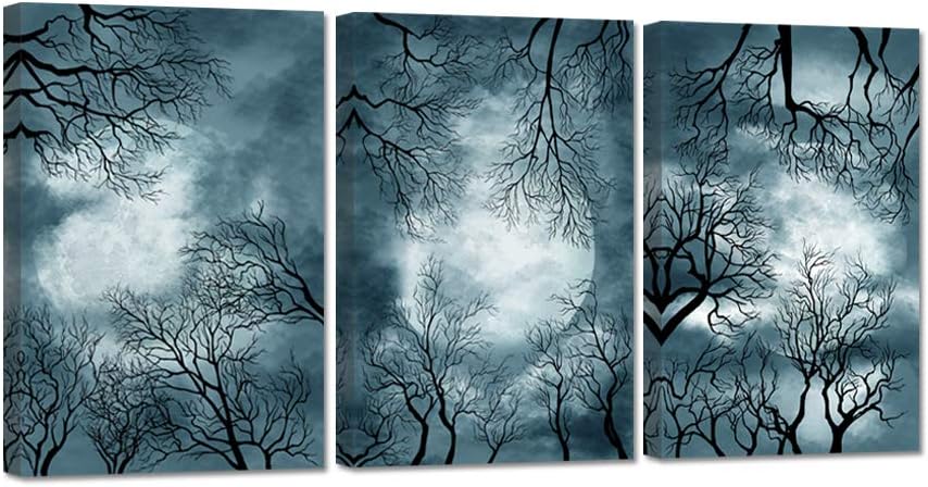 3 Pieces Full Moon Canvas Wall Art Forest Night Scenery Autumn Landscape Stretched and Framed 16x24inchx3pcs K82713