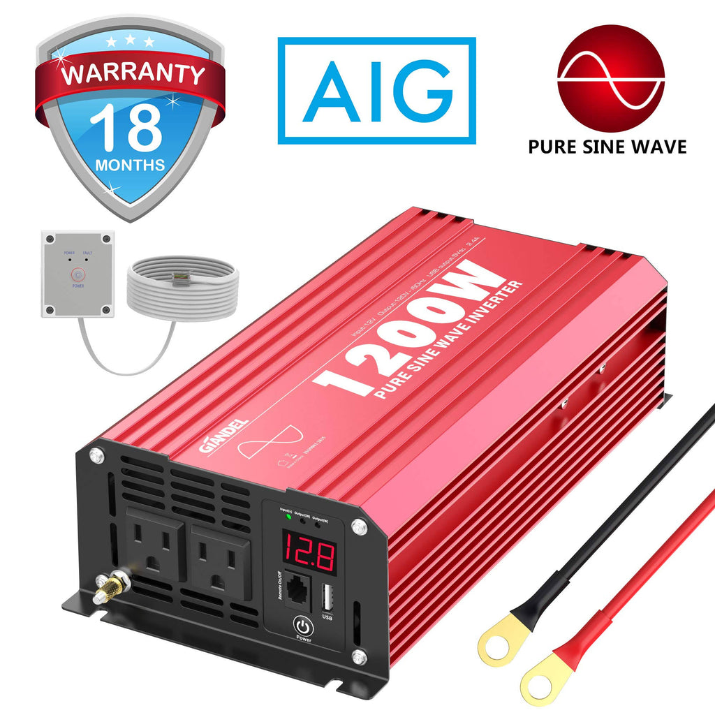 1200W Pure Sine Wave Power Inverter DC 12V to AC 120V with Remote Control USB Port LED Display K5745