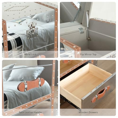 5 Drawers Tall Dresser with Flip Top Mirror Metal Clad Antique Chest I255028