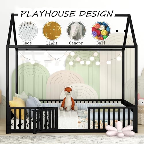 Full Floor Bed with Door and Fence, Metal Montessori Bed Full Size, White F9926