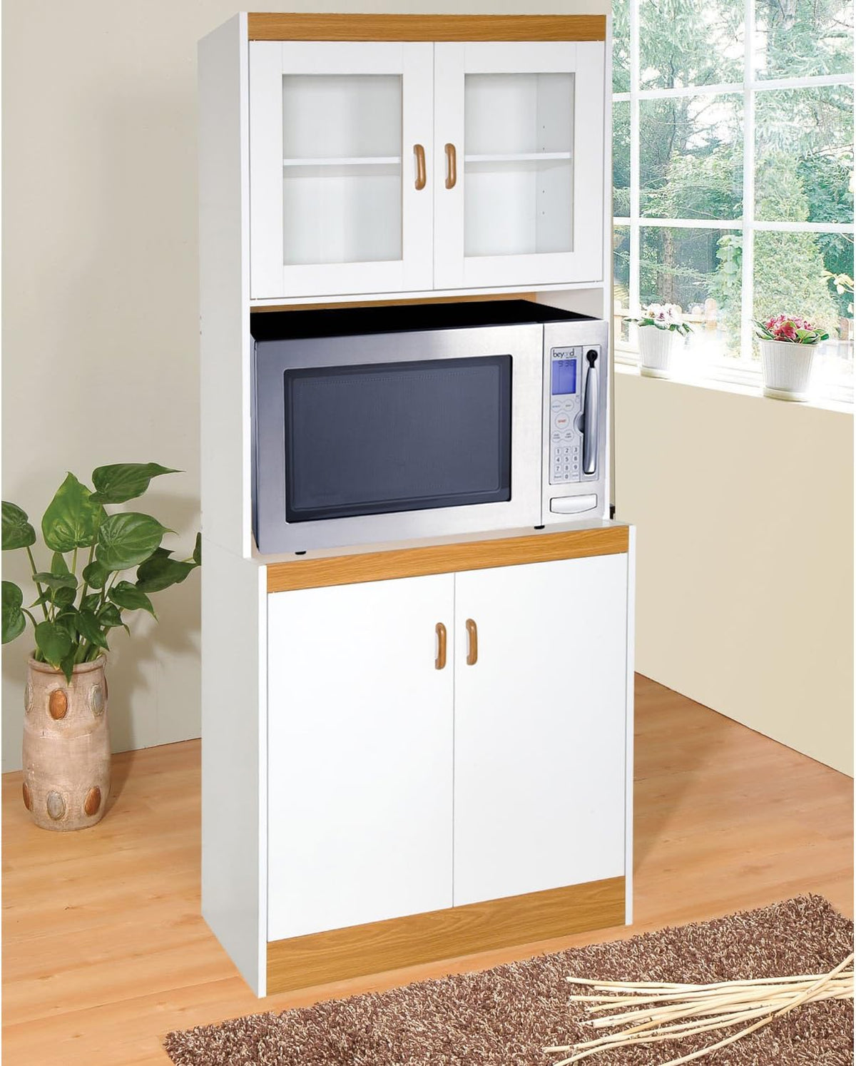 White Tall Kitchen Microwave Cart with Cabinets and Glass Doors F31809