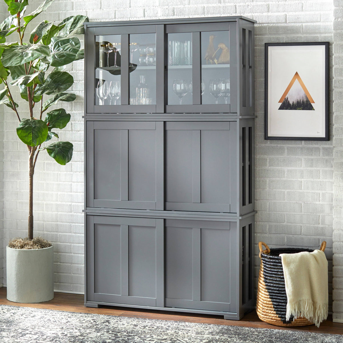 Espresso Glass Sliding Door Stackable Cabinet L94169