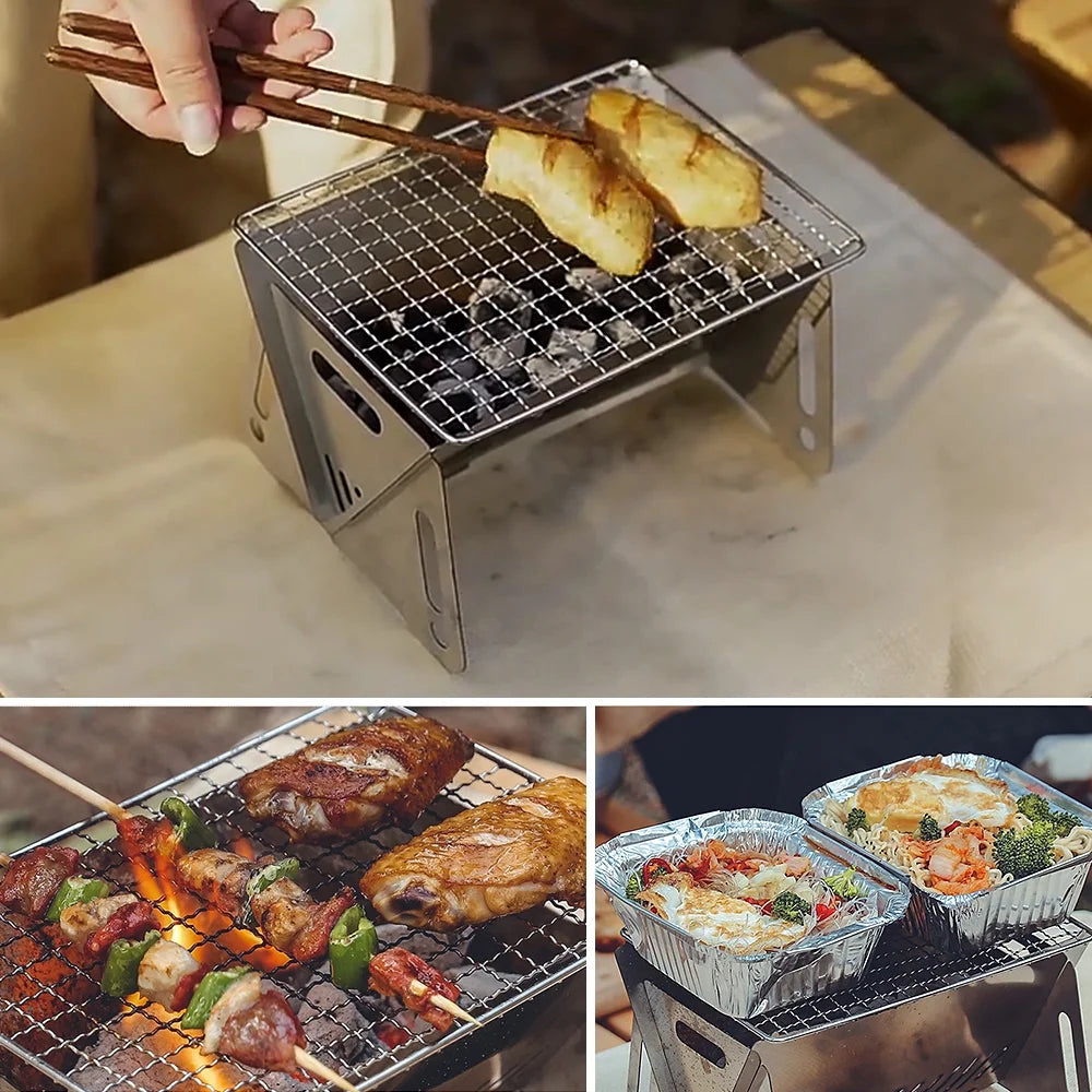 Wood Burning Stove with Grill Plate, Portable Folding Stainless Steel Backpacking Cooking Stove D927293