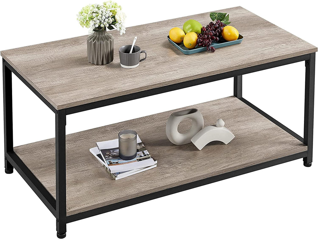 2-Tier Wood Coffee Table with Storage Shelf Metal Frame G997
