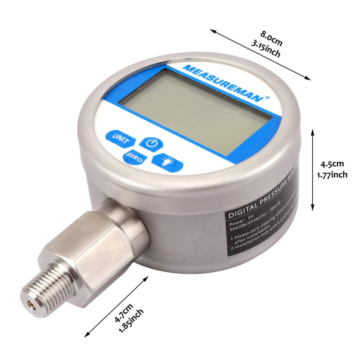 3-1/8 dial Digital Hydraulic Industrial Precision Pressure Gauge with 1/4NPT Lower Mount, Stainless Steel Case, 0-10000psi/bar, 0.4%, Battery Powered, with LED Light J57740