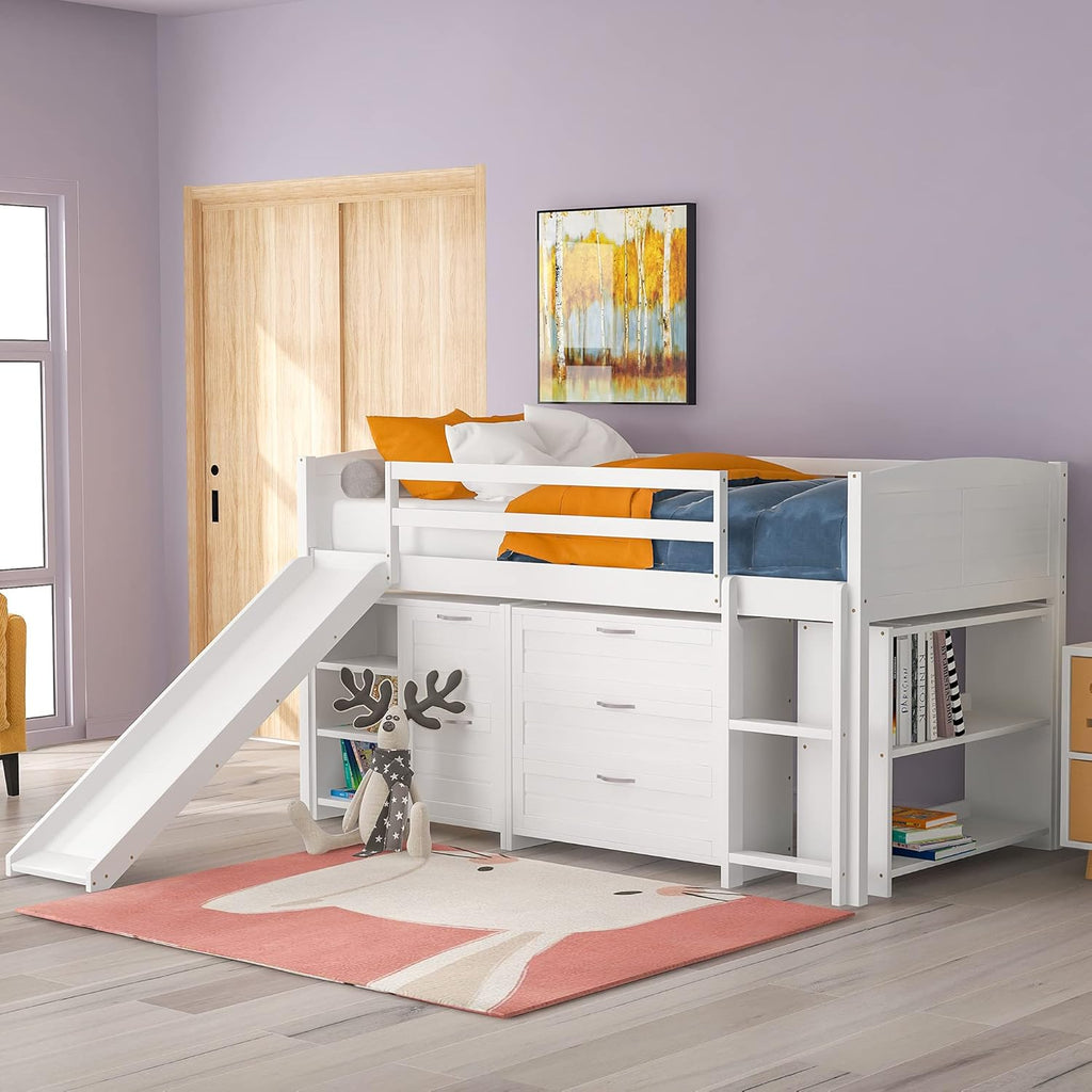Twin Loft Bed with Slide, Ladder and Guardrail J7512