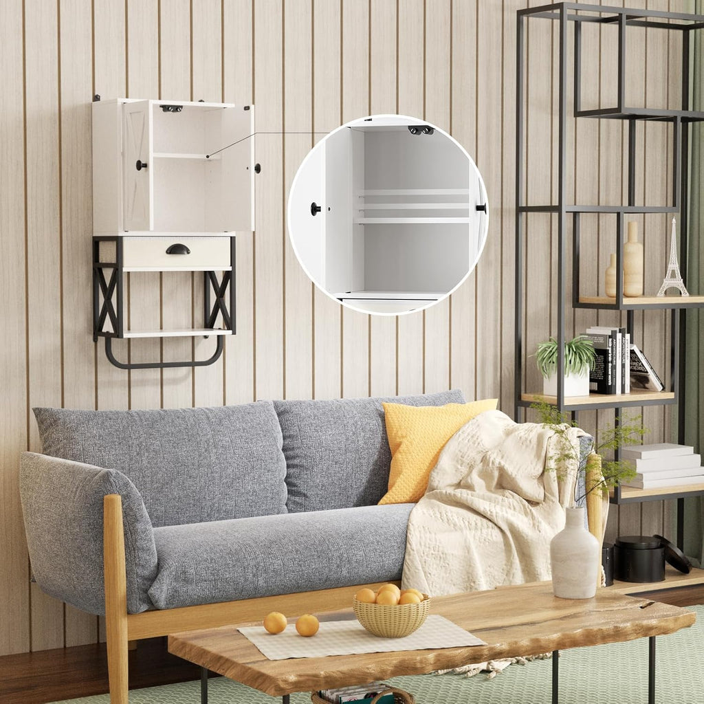 White 3-Tier Wooden Wall Cabinet with 2 Door and Adjustable Shelf F34729
