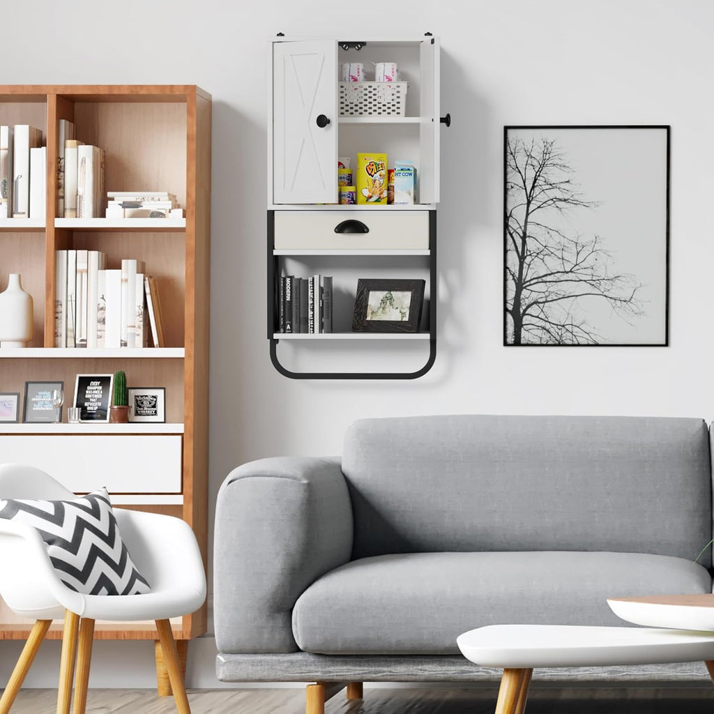 White 3-Tier Wooden Wall Cabinet with 2 Door and Adjustable Shelf F34729